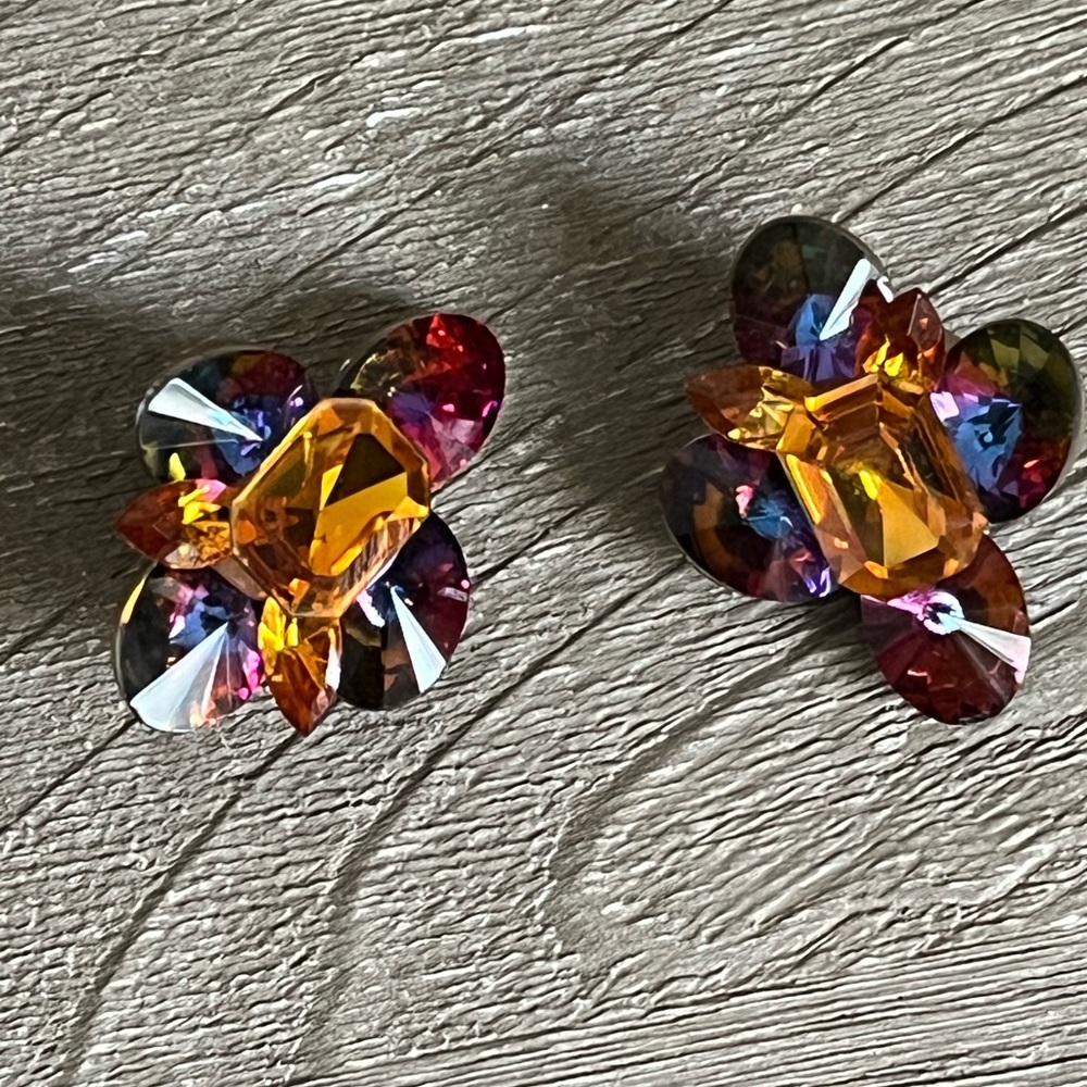 SPECTACULAR Vintage Wendy Gell Orange, Pink Rhinestone Rivoli Earrings